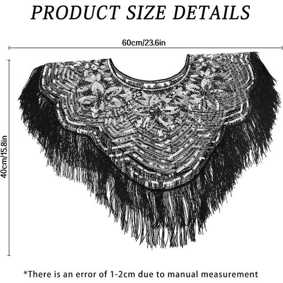 Women's Black Silver 1920s Shawl Sequin Beaded Art Evening Cape Tassel Shawls - Picture 6 of 6
